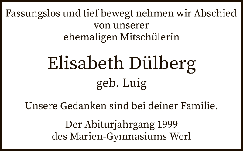  Traueranzeige für Elisabeth Dülberg vom 19.03.2019 aus MZV