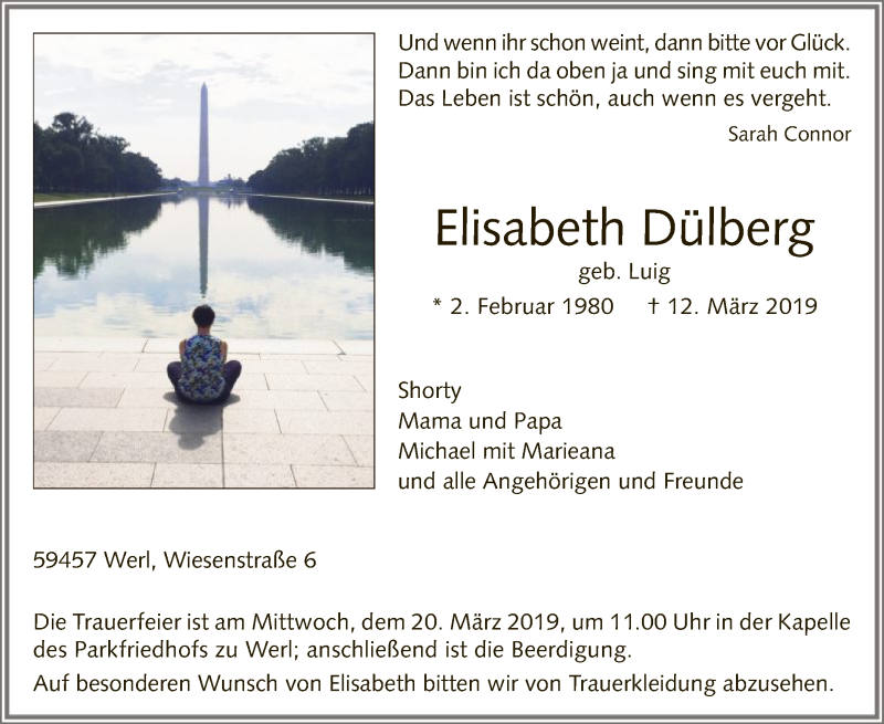  Traueranzeige für Elisabeth Dülberg vom 16.03.2019 aus MZV