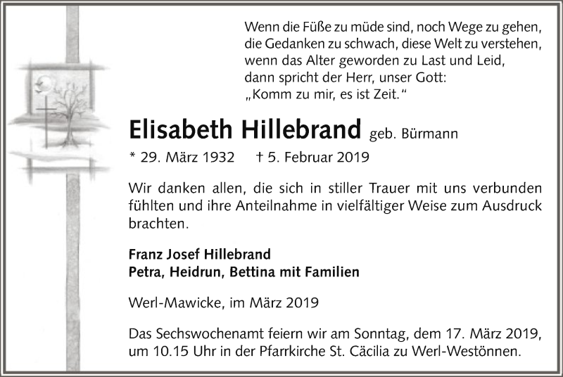  Traueranzeige für Elisabeth Hillebrand vom 09.03.2019 aus MZV