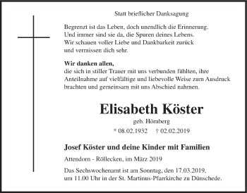 Traueranzeige von Elisabeth Köster von HSK