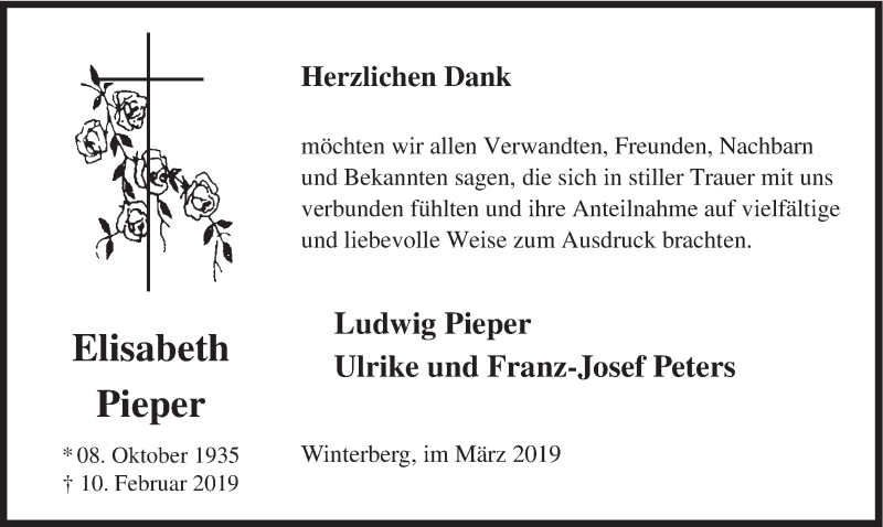  Traueranzeige für Elisabeth Pieper vom 23.03.2019 aus HSK