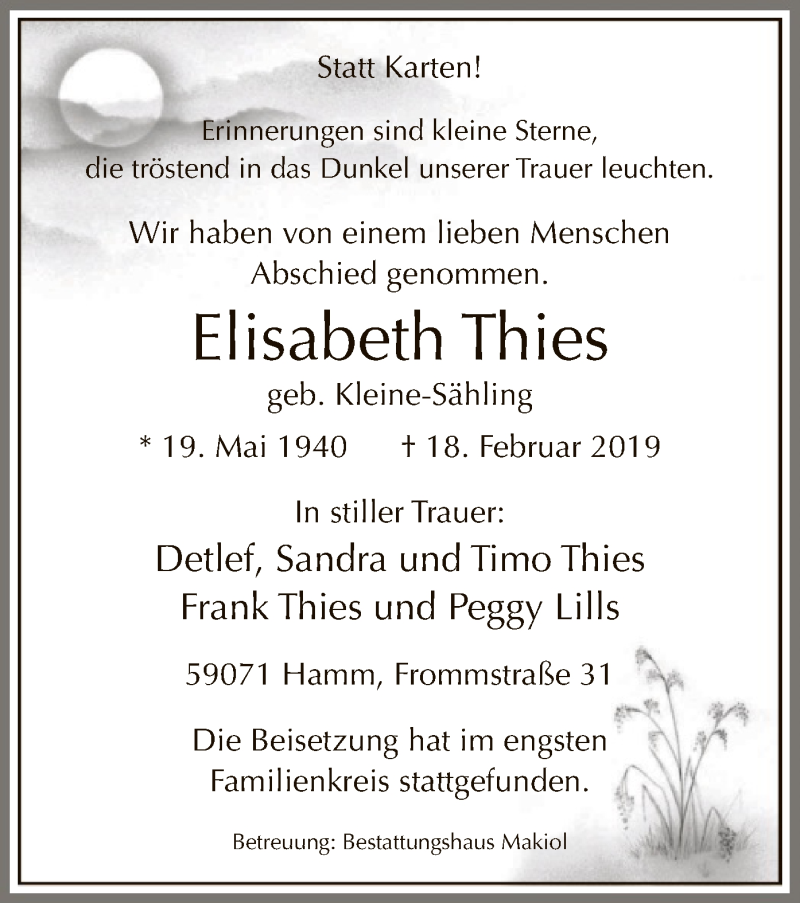  Traueranzeige für Elisabeth Thies vom 02.03.2019 aus MZV