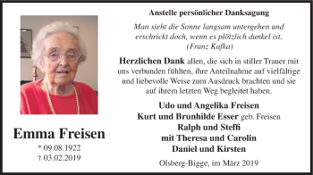 Traueranzeige von Emma Freisen von HSK