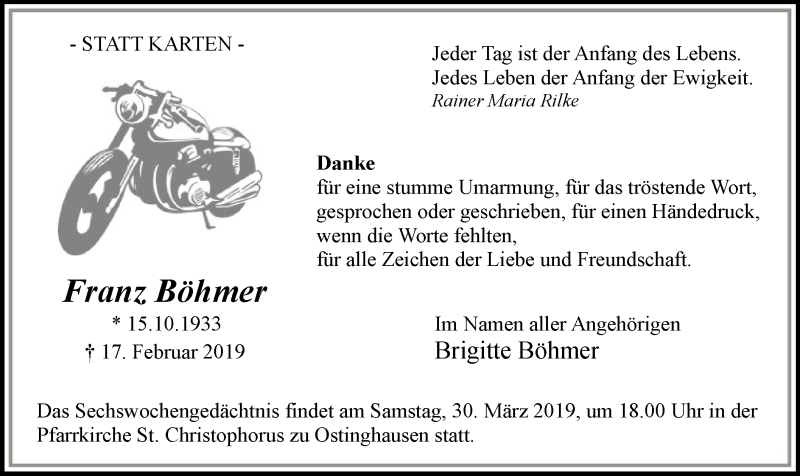  Traueranzeige für Franz Böhmer vom 16.03.2019 aus MZV