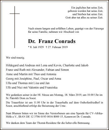 Traueranzeige von Franz Conrads von MZV