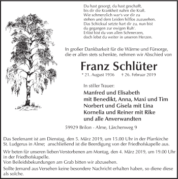 Traueranzeige von Franz Schlüter von HSK