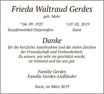 Traueranzeige von Frieda Gerdes von MZV
