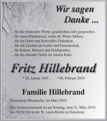 Traueranzeige von Fritz Hillebrand von HSK