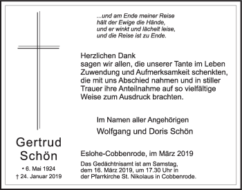 Traueranzeige von Gertrud Schön von HSK
