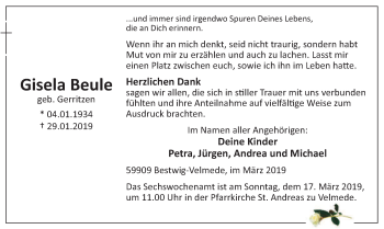 Traueranzeige von Gisela Beule von HSK
