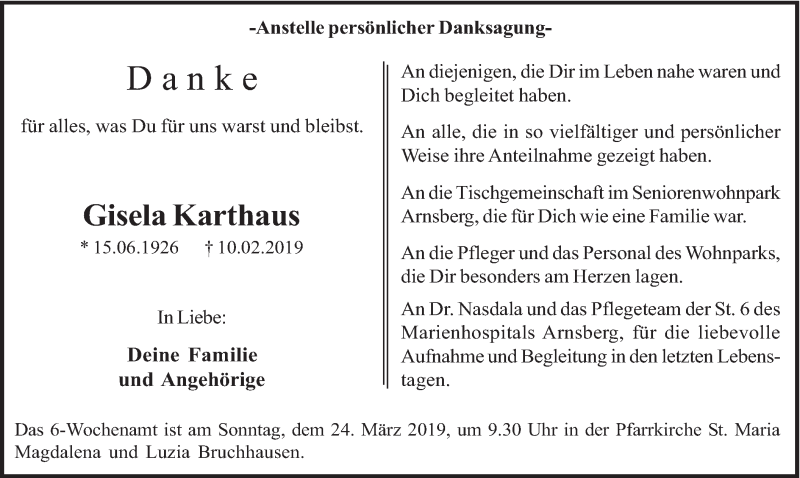  Traueranzeige für Gisela Karthaus vom 16.03.2019 aus HSK