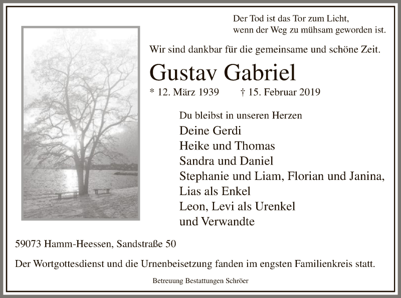  Traueranzeige für Gustav Gabriel vom 02.03.2019 aus MZV