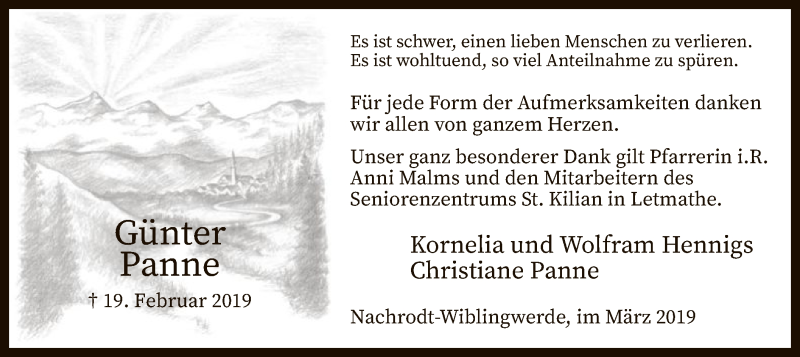  Traueranzeige für Güntere Panne vom 30.03.2019 aus MZV