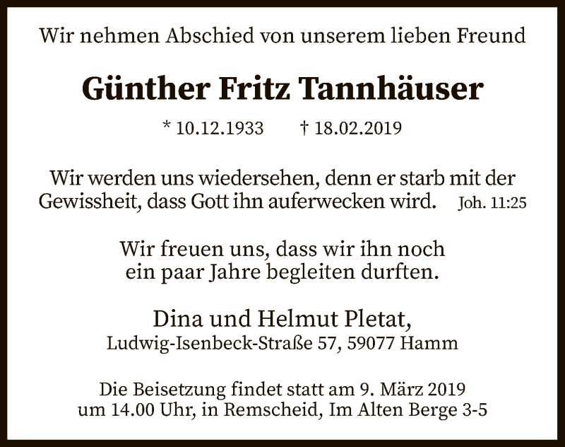  Traueranzeige für Günther Fritz Tannhäuser vom 02.03.2019 aus MZV