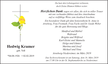 Traueranzeige von Hedwig Kramer von HSK