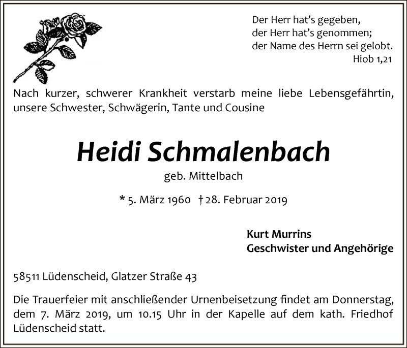  Traueranzeige für Heidi Schmalenbach vom 05.03.2019 aus MZV