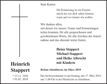Traueranzeige von Heinrich Stappert von HSK