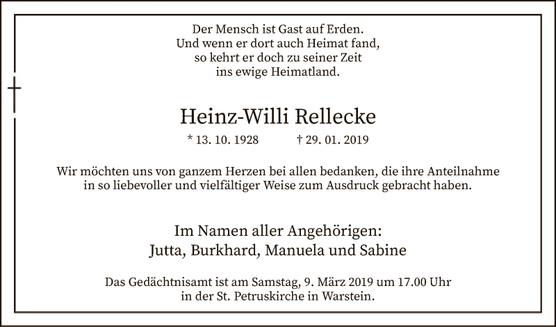  Traueranzeige für Heinz-Willi Rellecke vom 06.03.2019 aus MZV