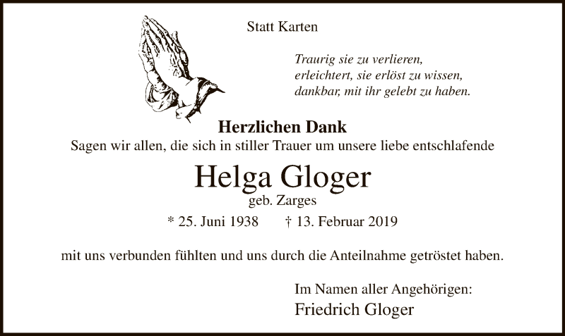  Traueranzeige für Helga Gloger vom 09.03.2019 aus MZV