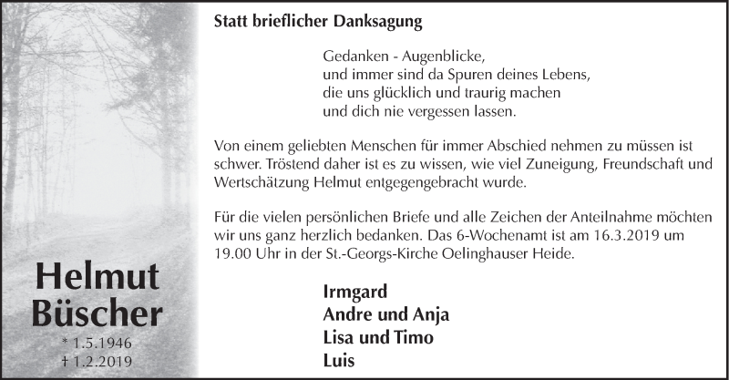  Traueranzeige für Helmut Büscher vom 09.03.2019 aus HSK