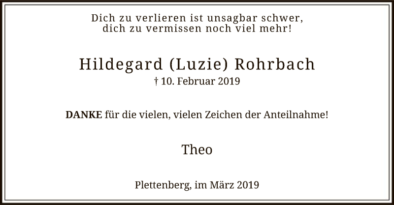  Traueranzeige für Hildegard Rohrbach vom 20.03.2019 aus MZV