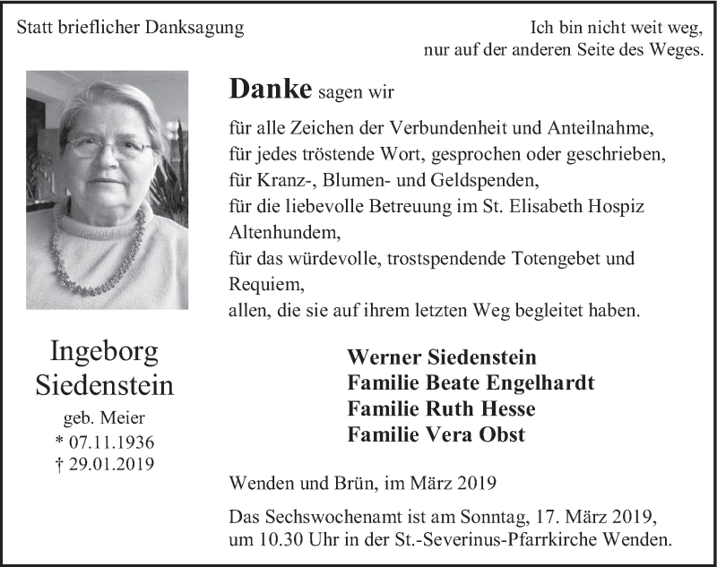  Traueranzeige für Ingeborg Siedenstein vom 16.03.2019 aus HSK