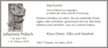 Traueranzeige von Johannna Prätsch von MZV