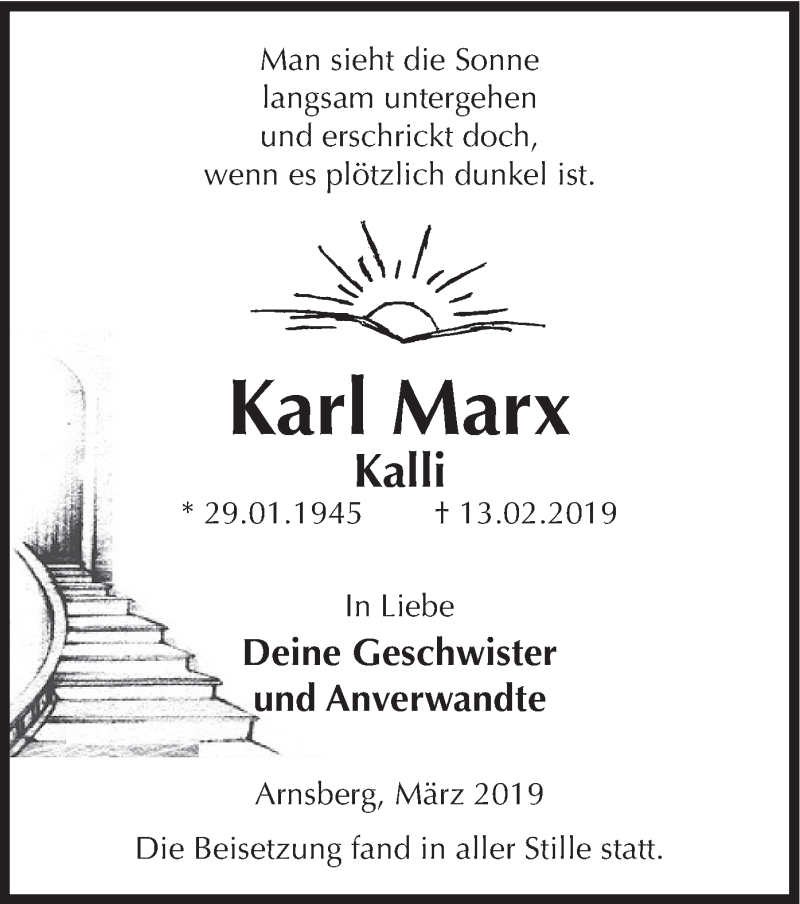  Traueranzeige für Karl Marx vom 09.03.2019 aus HSK
