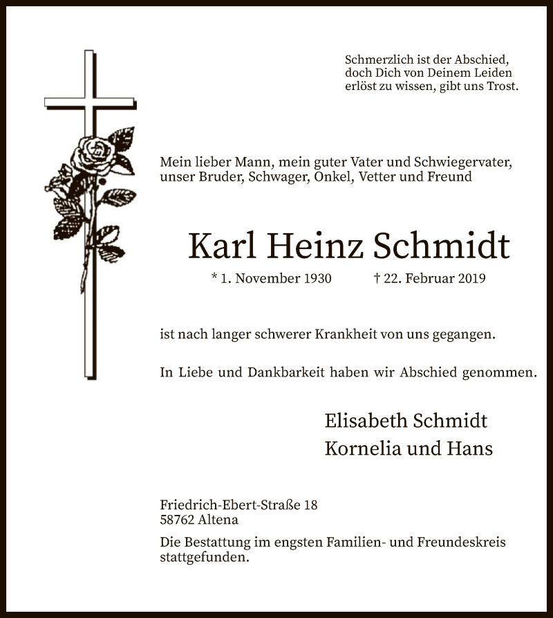  Traueranzeige für Karl Heinz Schmidt vom 06.03.2019 aus MZV