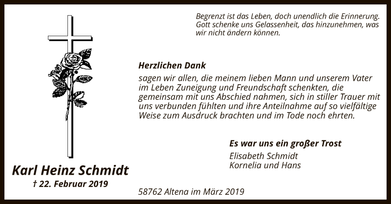  Traueranzeige für Karl Heinz Schmidt vom 23.03.2019 aus MZV