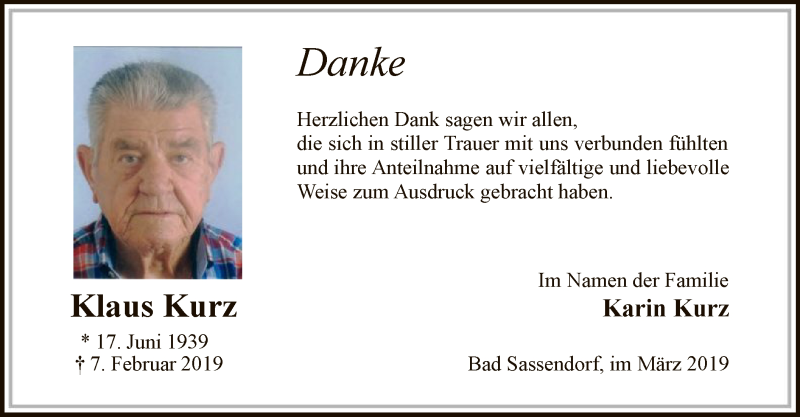  Traueranzeige für Klau Kurz vom 09.03.2019 aus MZV