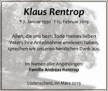 Traueranzeige von Klaus Rentrop von MZV