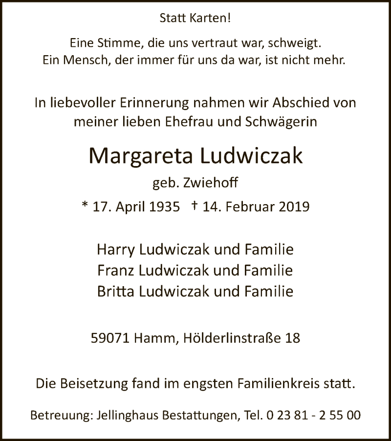  Traueranzeige für Margareta Ludwiczak vom 02.03.2019 aus MZV