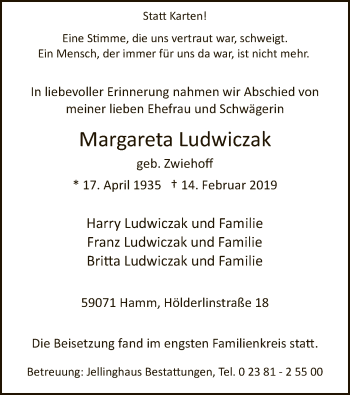 Traueranzeige von Margareta Ludwiczak von MZV