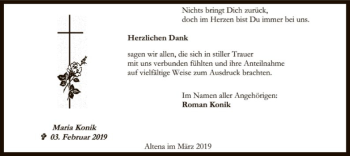 Traueranzeige von Maria Konik von MZV