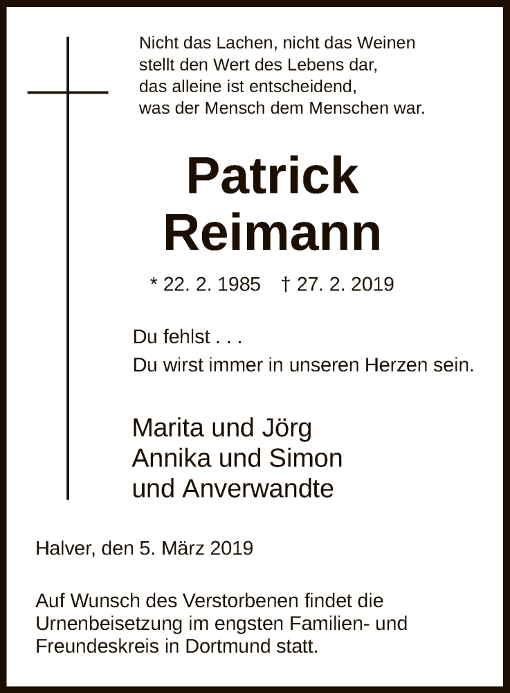  Traueranzeige für Partick Reimann vom 05.03.2019 aus MZV