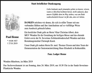 Traueranzeige von Paul Henne von HSK