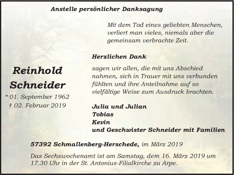  Traueranzeige für Reinhold Schneider vom 09.03.2019 aus HSK