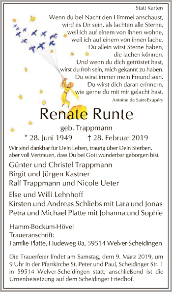 Traueranzeige von Renate Runte von MZV