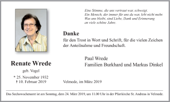 Traueranzeige von Renate Wrede von HSK