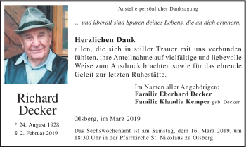 Traueranzeige von Richard Decker von HSK