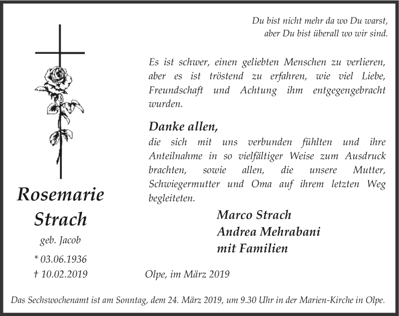  Traueranzeige für Rosemarie Strach vom 16.03.2019 aus HSK