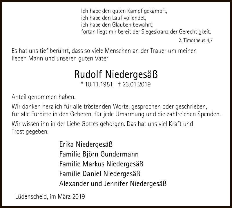  Traueranzeige für Rudolf Niedergesäß vom 02.03.2019 aus MZV
