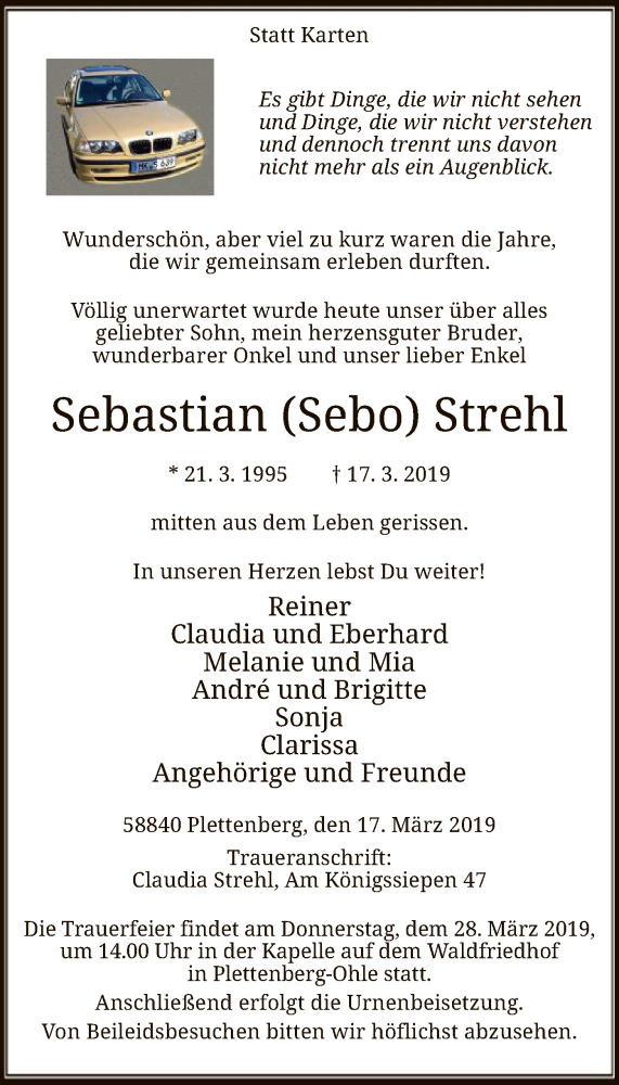  Traueranzeige für Sebastian Strehl vom 23.03.2019 aus MZV