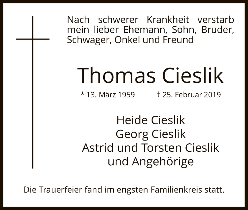  Traueranzeige für Thomas Cieslik vom 09.03.2019 aus MZV