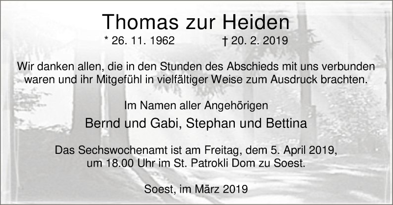  Traueranzeige für Thomas zur Heiden vom 30.03.2019 aus MZV