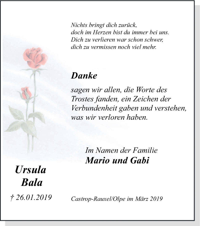  Traueranzeige für Ursula Bala vom 02.03.2019 aus HSK