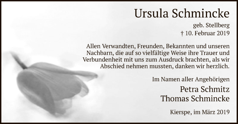  Traueranzeige für Ursula Schmincke vom 08.03.2019 aus MZV