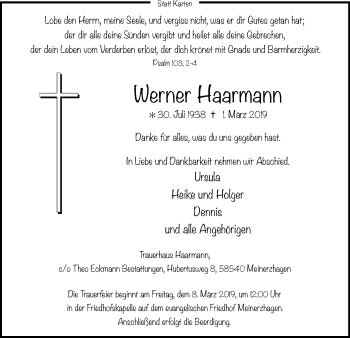 Traueranzeige von Werner Haarmann von MZV
