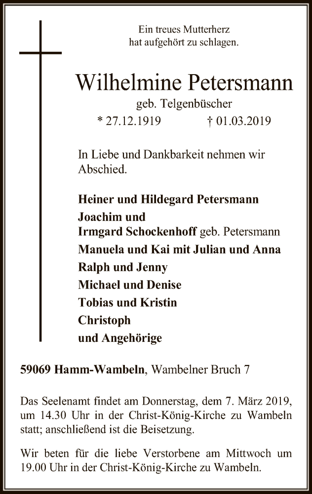  Traueranzeige für Wilhelmine Petersmann vom 06.03.2019 aus MZV